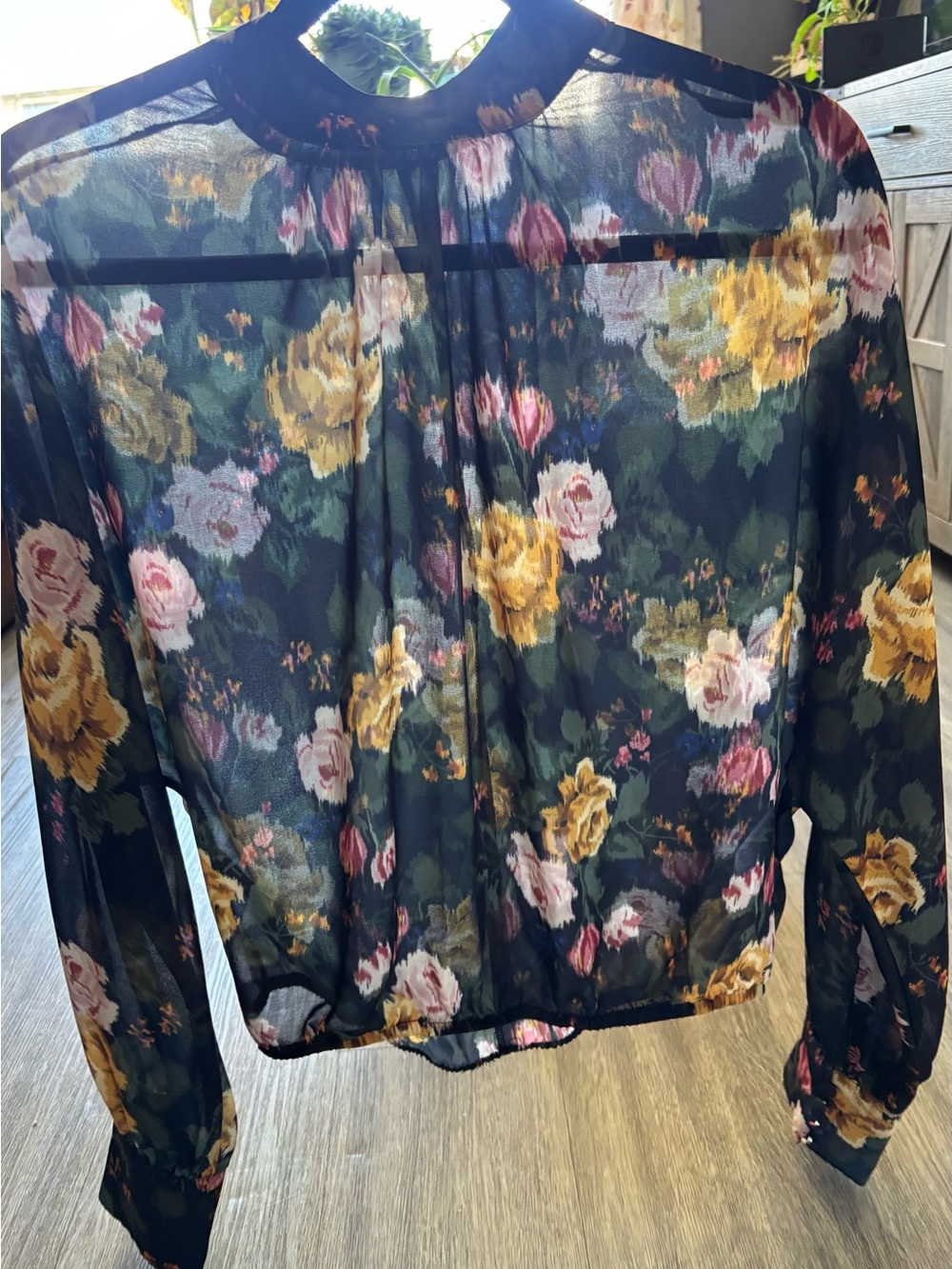 Dynamite Navy Sheer Floral Blouse with Pink & Mustard Roses